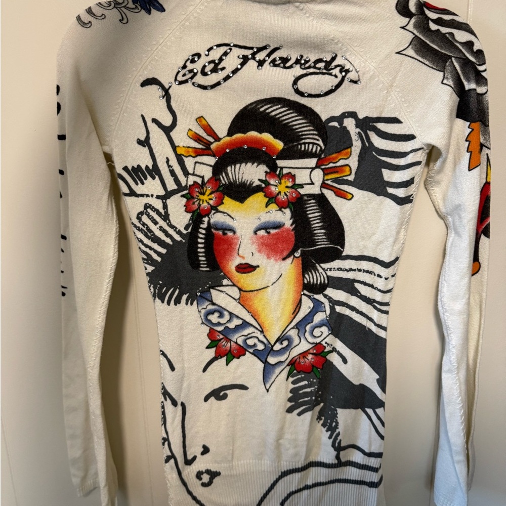 Ed Hardy White Sweater with Geisha Art